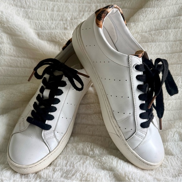 J. Crew Shoes - Women’s J Crew White Leather Sneakers w/ Leopard Accent “Saturday Sneakers” Sz 7